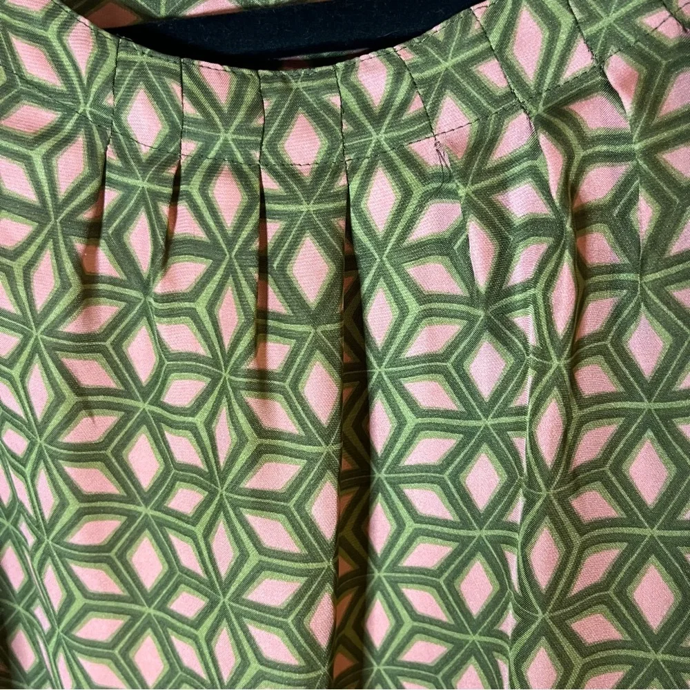 Retro Fossil A-Line Dress | Mid Century Mod Pink Green Geometric Pattern Size M